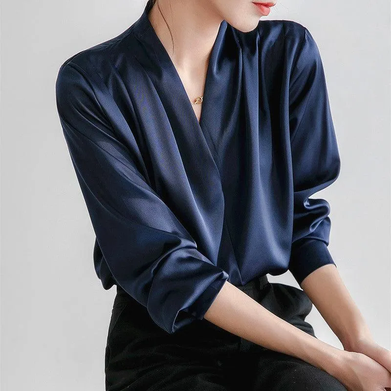 V-neck Satin Woven Blouse in French-Inspired Loose-Fit Design
