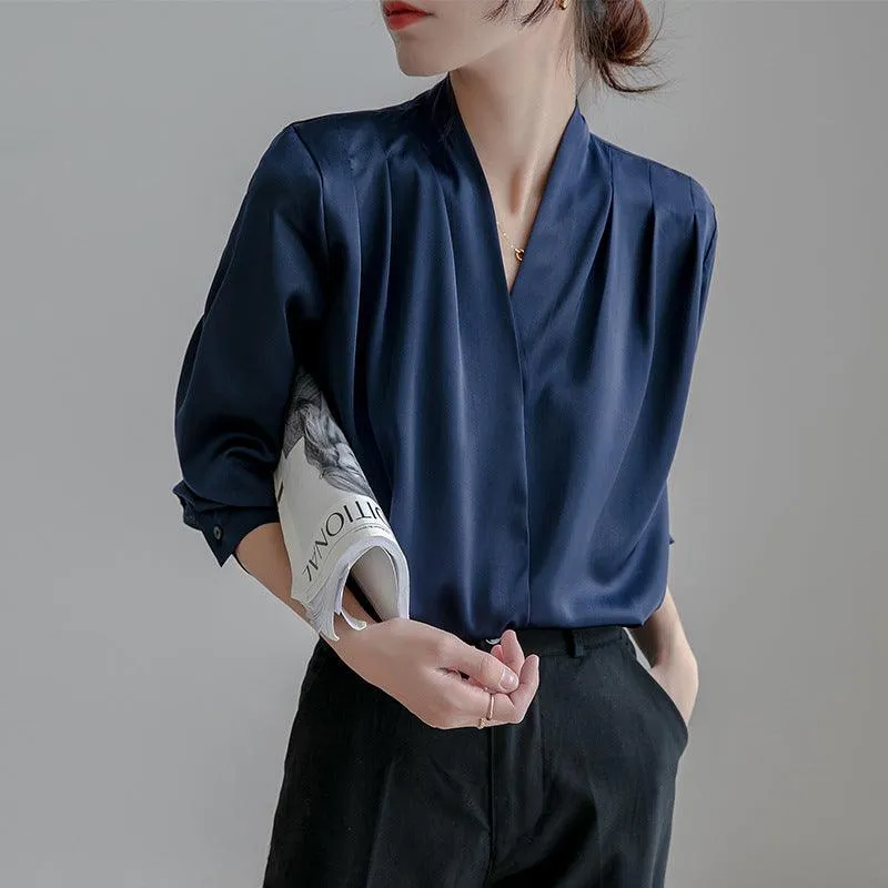 V-neck Satin Woven Blouse in French-Inspired Loose-Fit Design