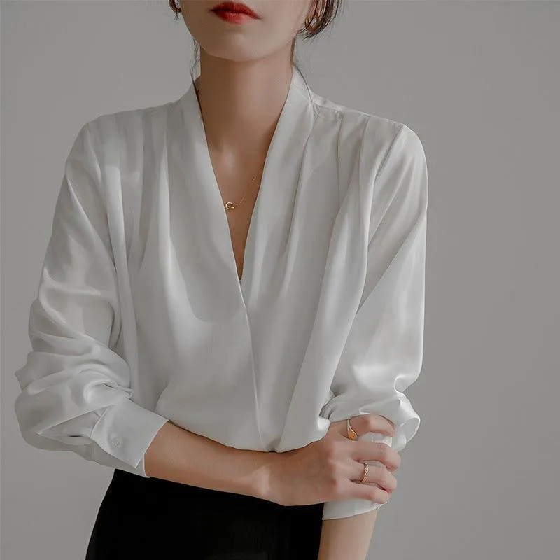 V-neck Satin Woven Blouse in French-Inspired Loose-Fit Design