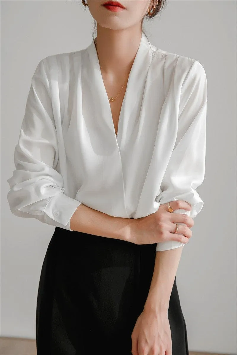 V-neck Satin Woven Blouse in French-Inspired Loose-Fit Design