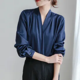 V-neck Satin Woven Blouse in French-Inspired Loose-Fit Design