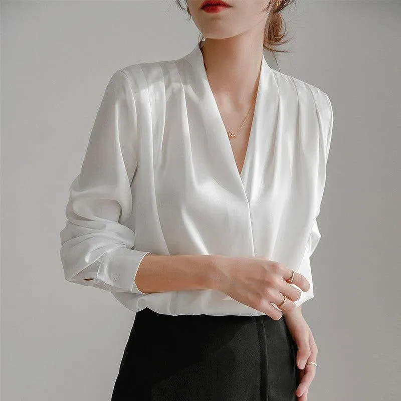 V-neck Satin Woven Blouse in French-Inspired Loose-Fit Design