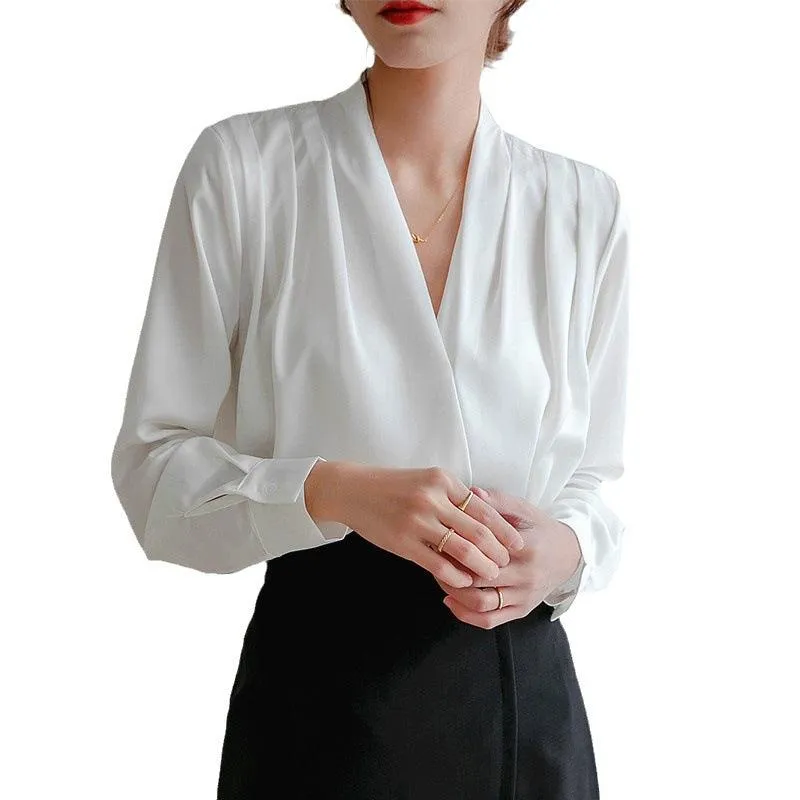 V-neck Satin Woven Blouse in French-Inspired Loose-Fit Design