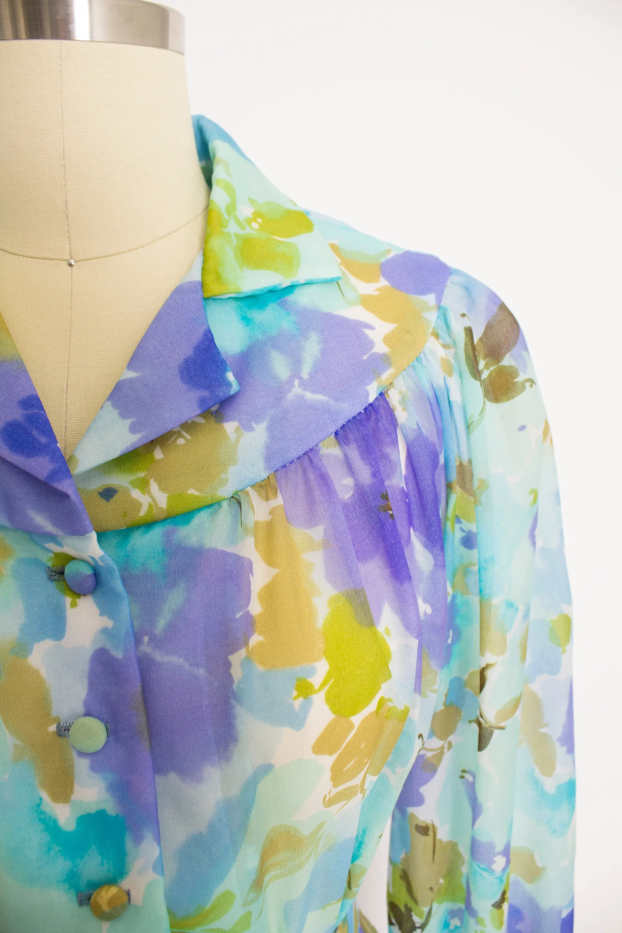 Vintage 1960s Dress Blue Floral Nylon Chiffon Shirtwaist 70s Small