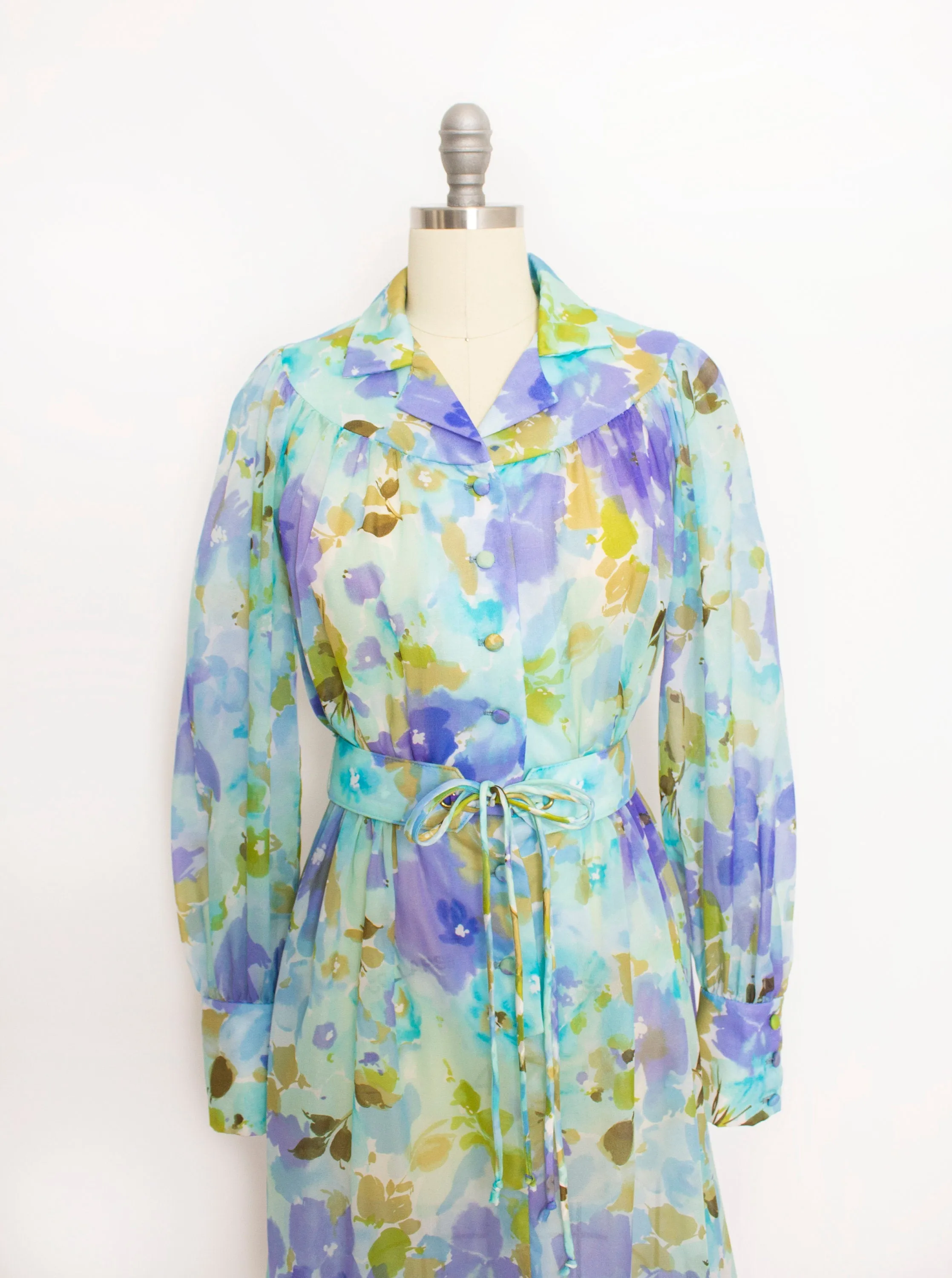 Vintage 1960s Dress Blue Floral Nylon Chiffon Shirtwaist 70s Small