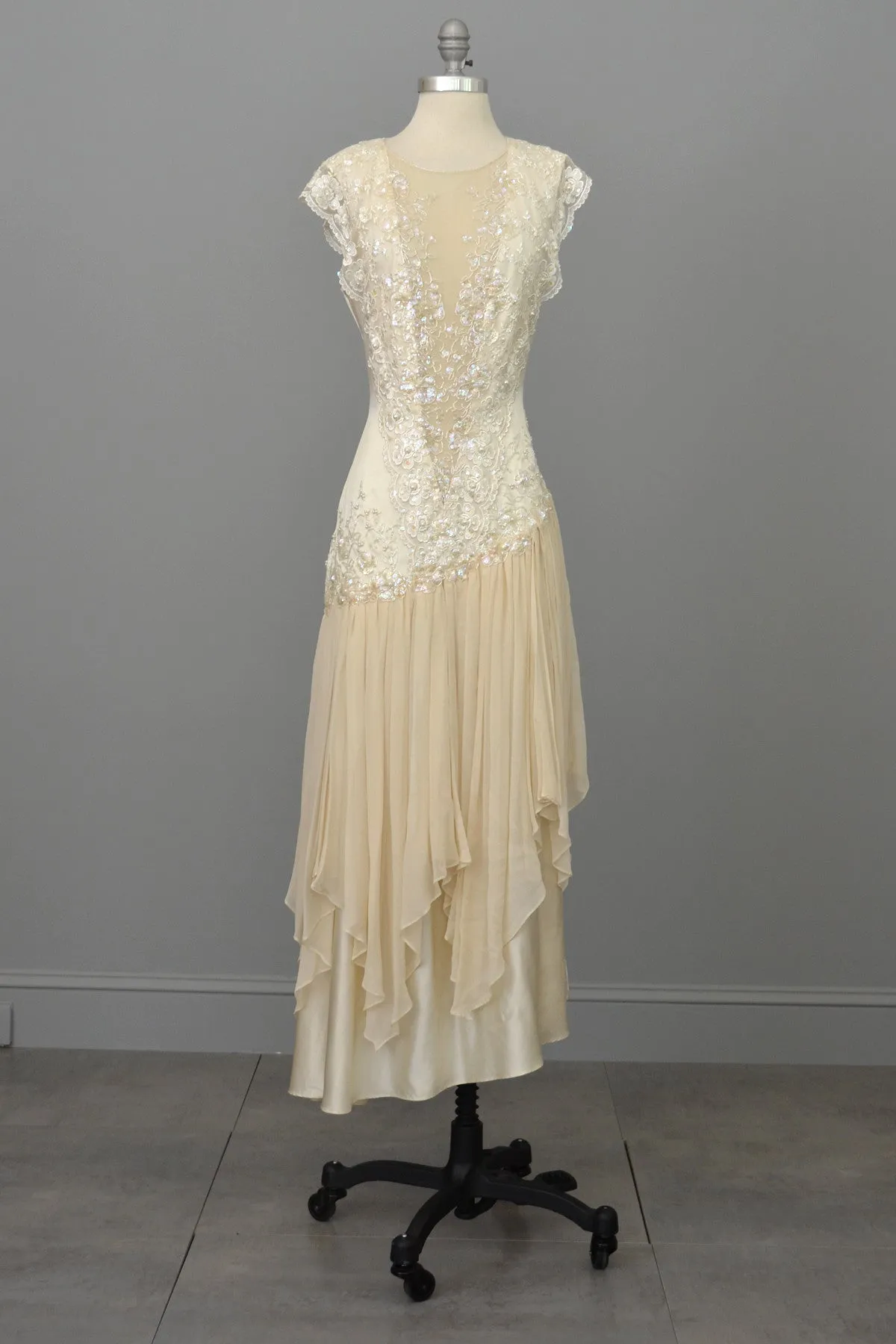 Vintage 80s 90s Beaded Lace Silk Chiffon Flapper Dress