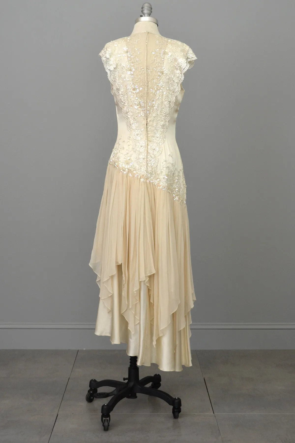 Vintage 80s 90s Beaded Lace Silk Chiffon Flapper Dress