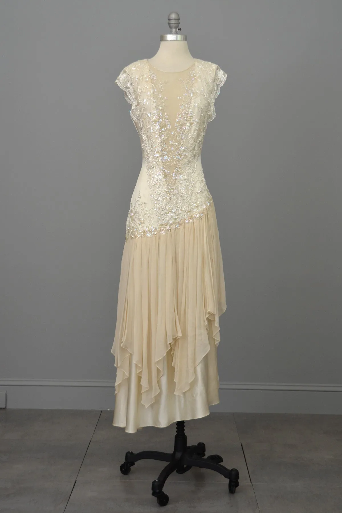 Vintage 80s 90s Beaded Lace Silk Chiffon Flapper Dress