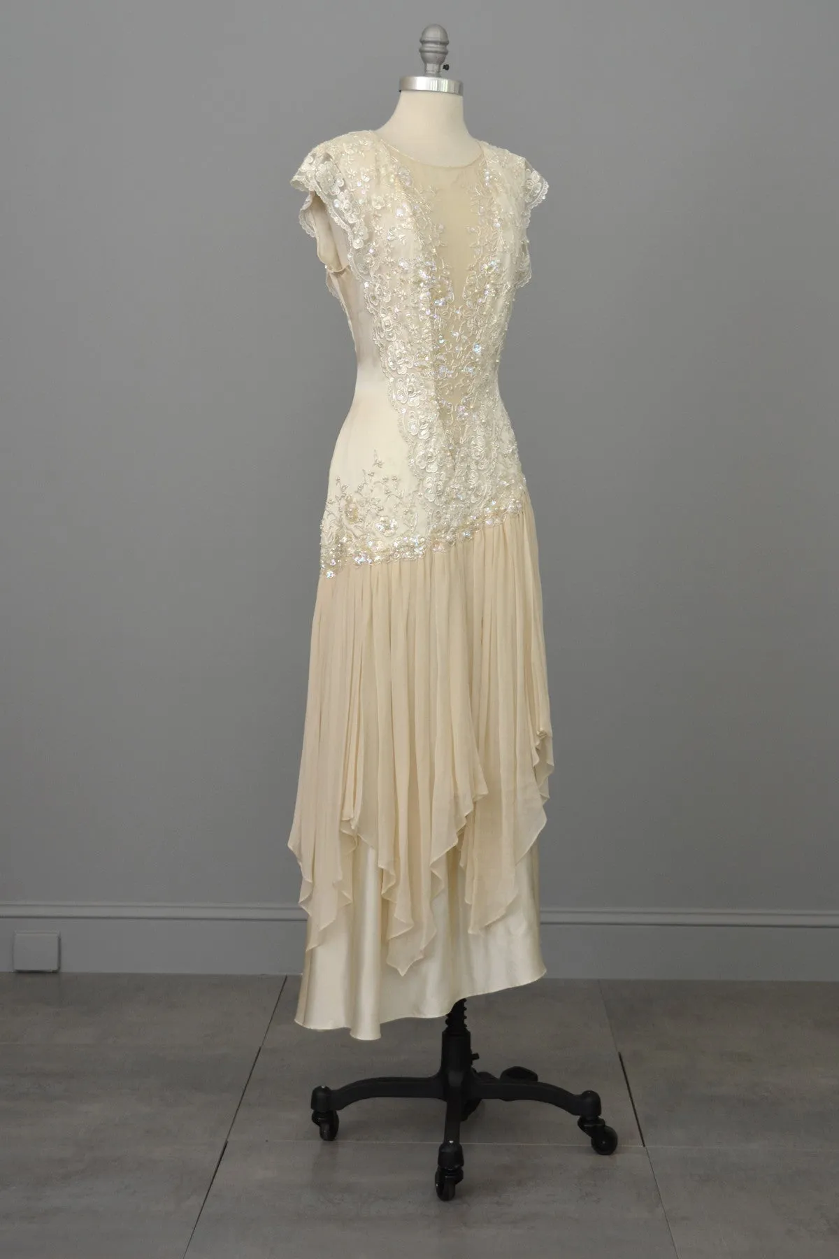 Vintage 80s 90s Beaded Lace Silk Chiffon Flapper Dress