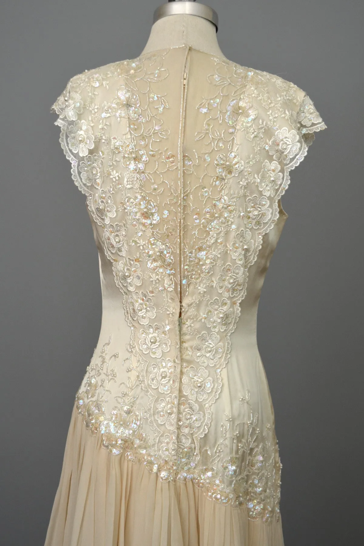 Vintage 80s 90s Beaded Lace Silk Chiffon Flapper Dress