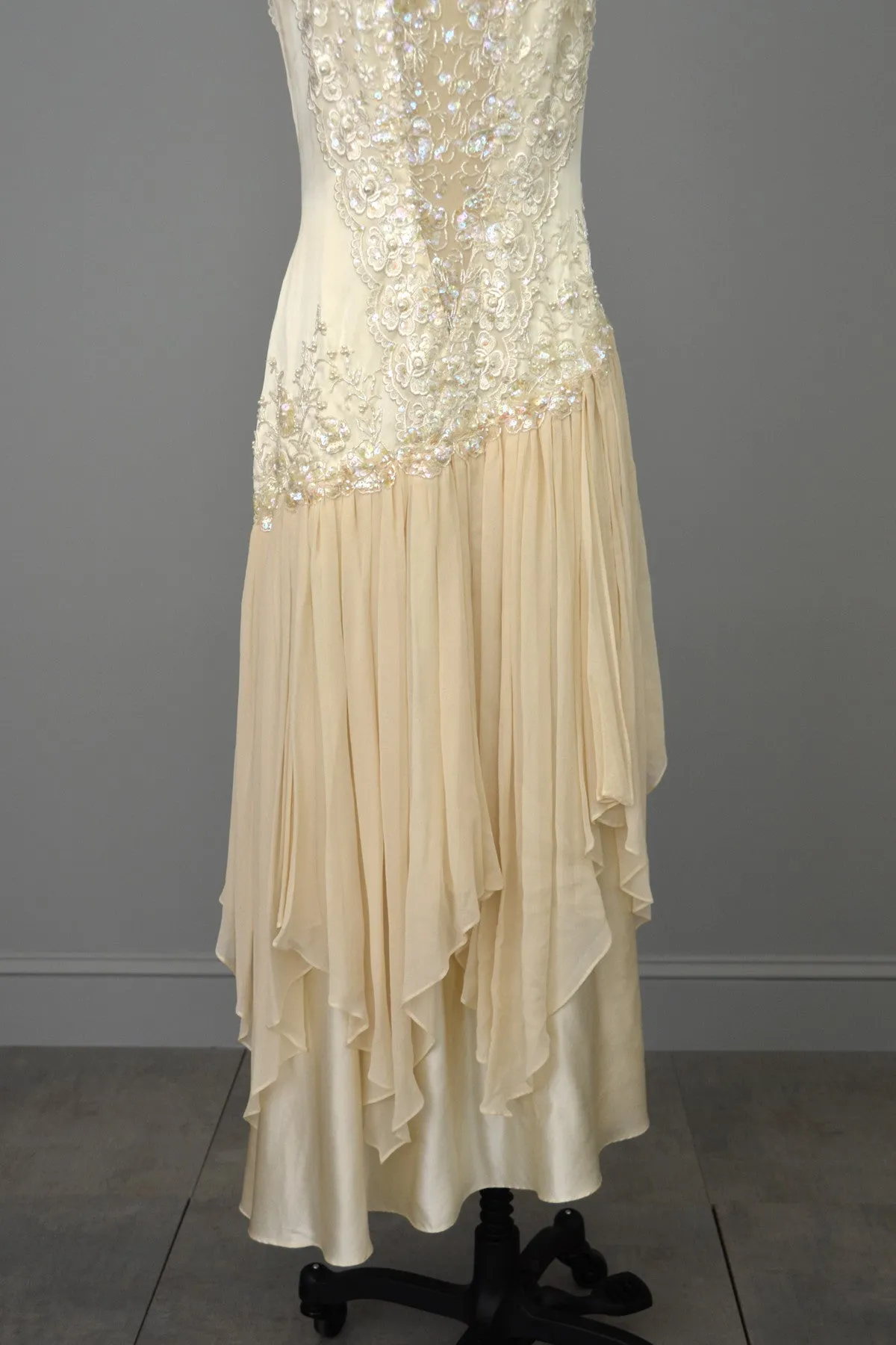 Vintage 80s 90s Beaded Lace Silk Chiffon Flapper Dress