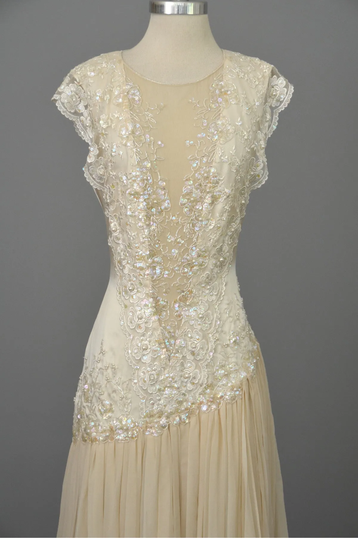 Vintage 80s 90s Beaded Lace Silk Chiffon Flapper Dress