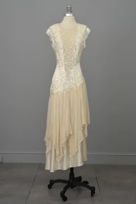 Vintage 80s 90s Beaded Lace Silk Chiffon Flapper Dress