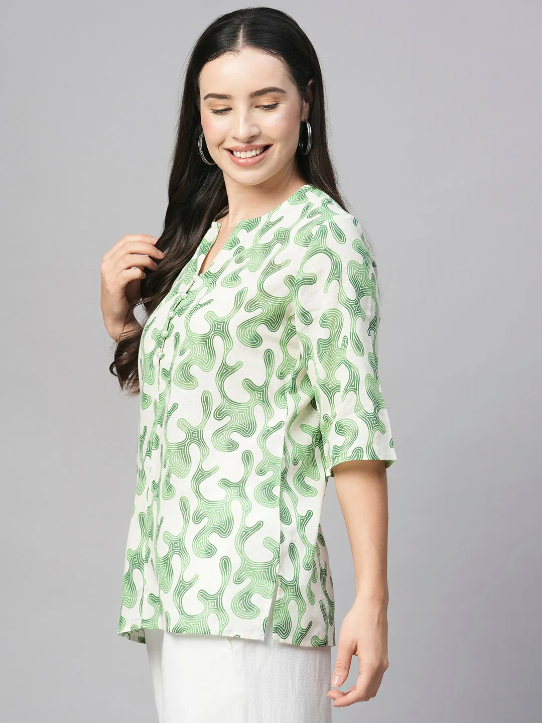 Women's Green Cotton Flax Regular Fit Blouse