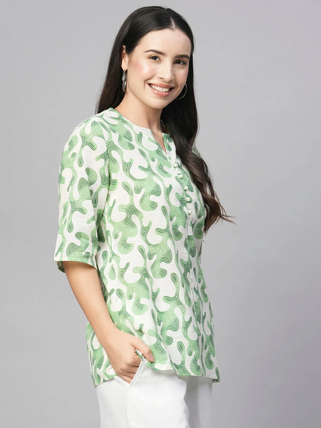 Women's Green Cotton Flax Regular Fit Blouse