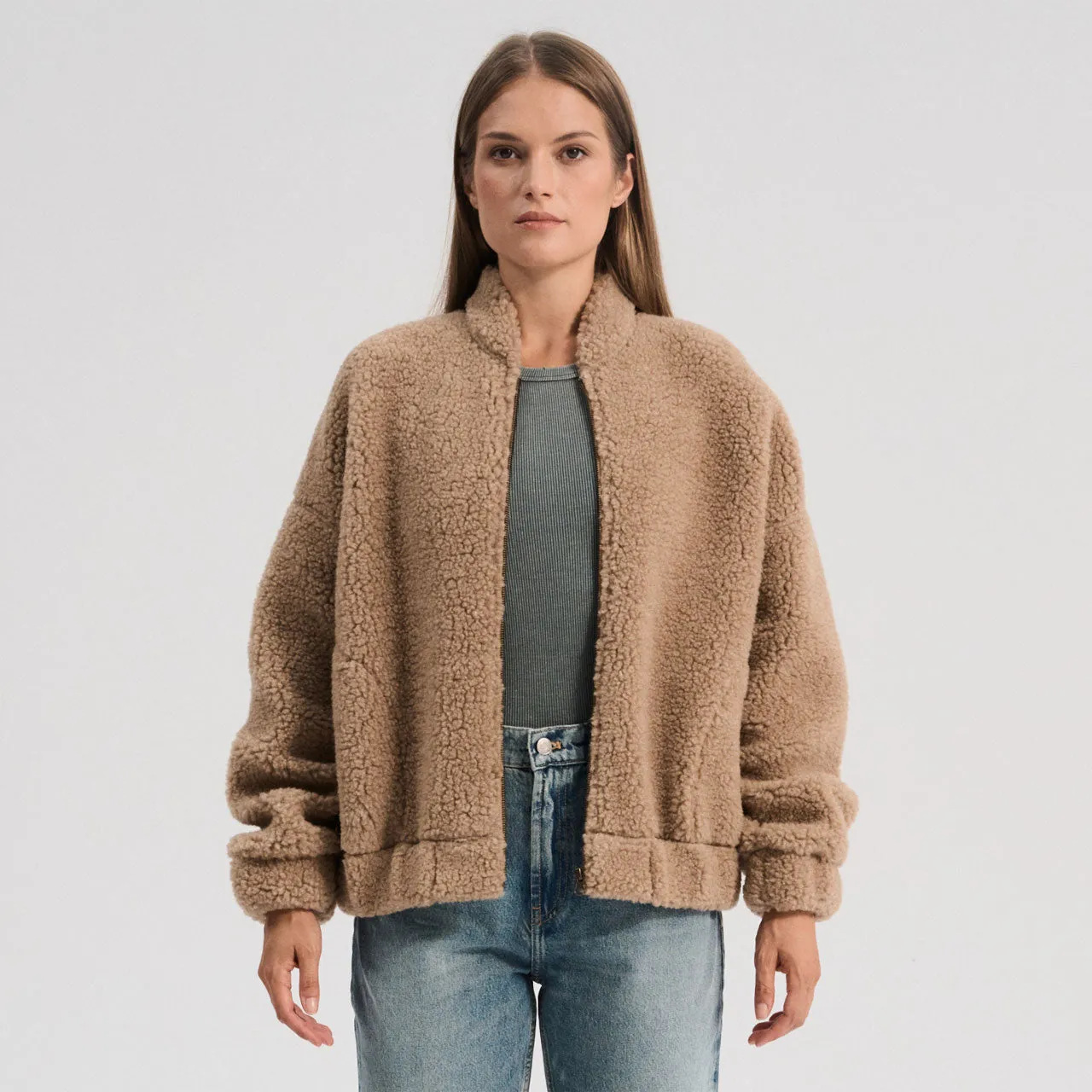 100% Wool Womens Plush Bomber Jacket in Tan - Available Sizes XS to L - Returning 2025