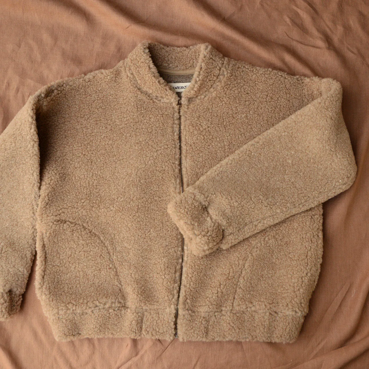 100% Wool Womens Plush Bomber Jacket in Tan - Available Sizes XS to L - Returning 2025