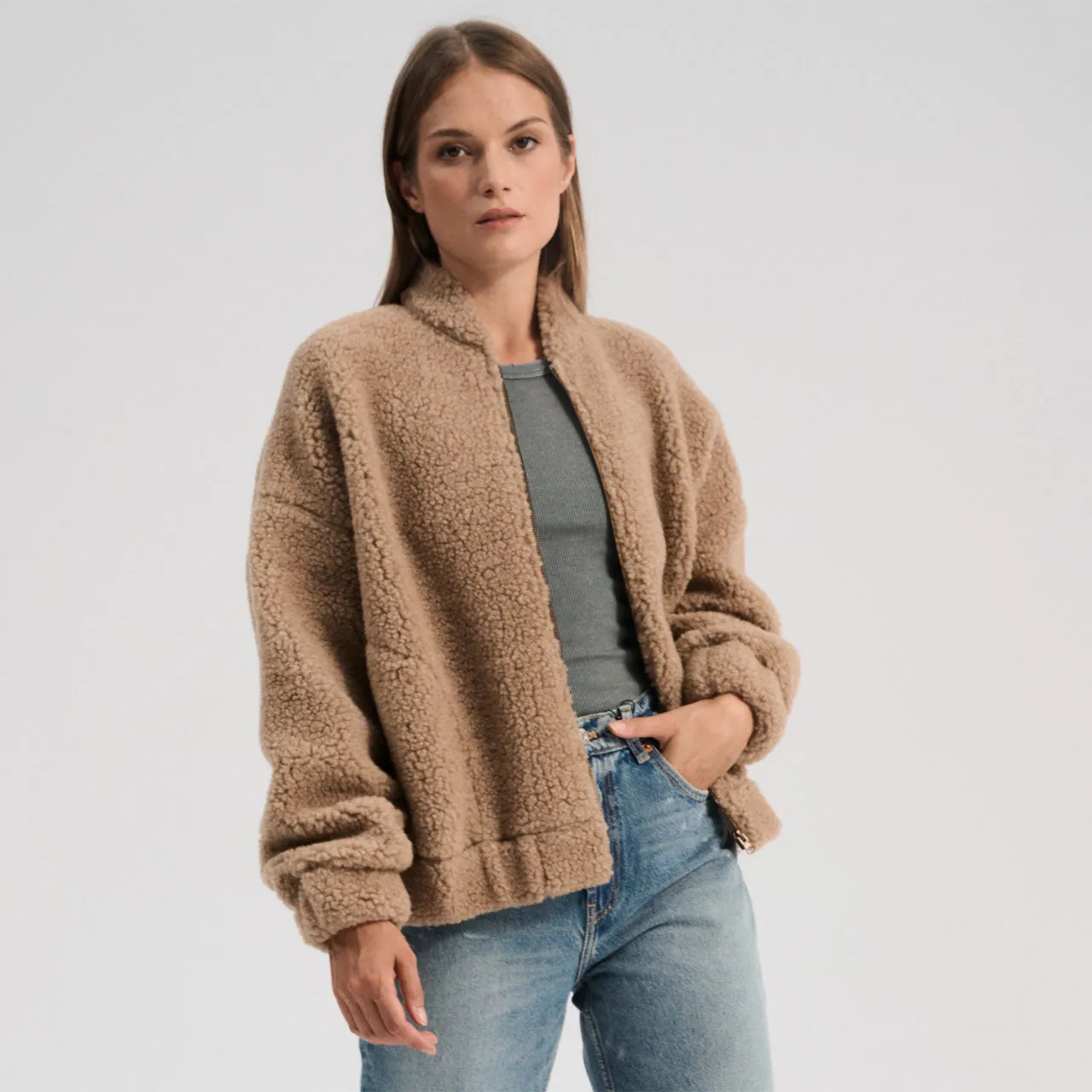 100% Wool Womens Plush Bomber Jacket in Tan - Available Sizes XS to L - Returning 2025