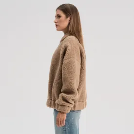 100% Wool Womens Plush Bomber Jacket in Tan - Available Sizes XS to L - Returning 2025