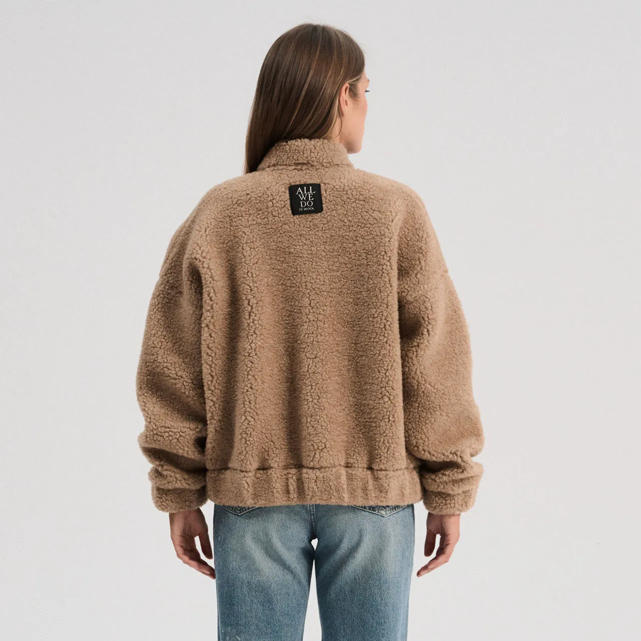 100% Wool Womens Plush Bomber Jacket in Tan - Available Sizes XS to L - Returning 2025