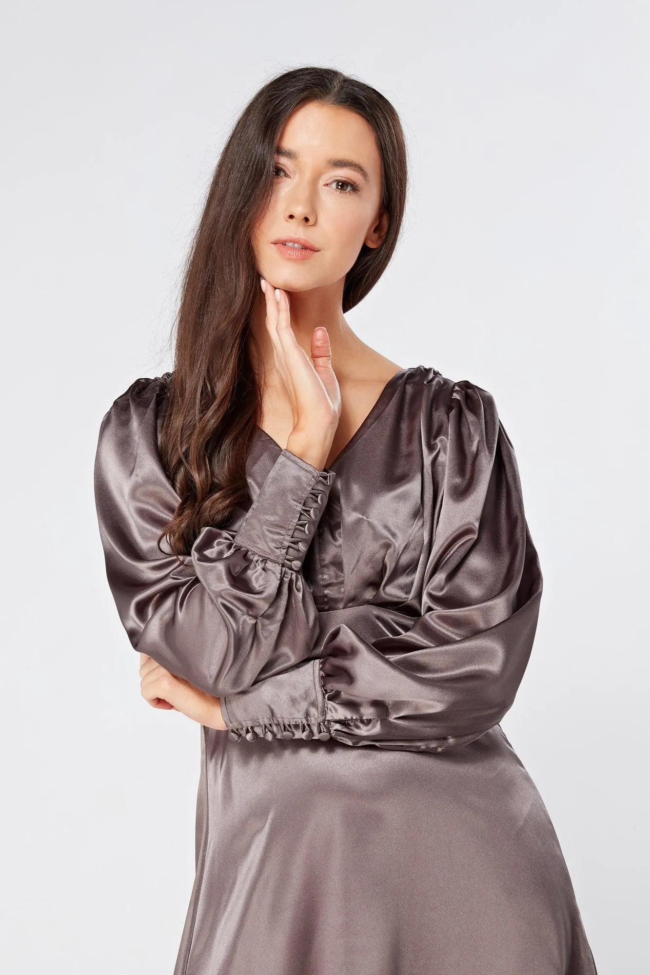 Zara Deep Grey Premium Satin Effect Midi Dress With Long Sleeves