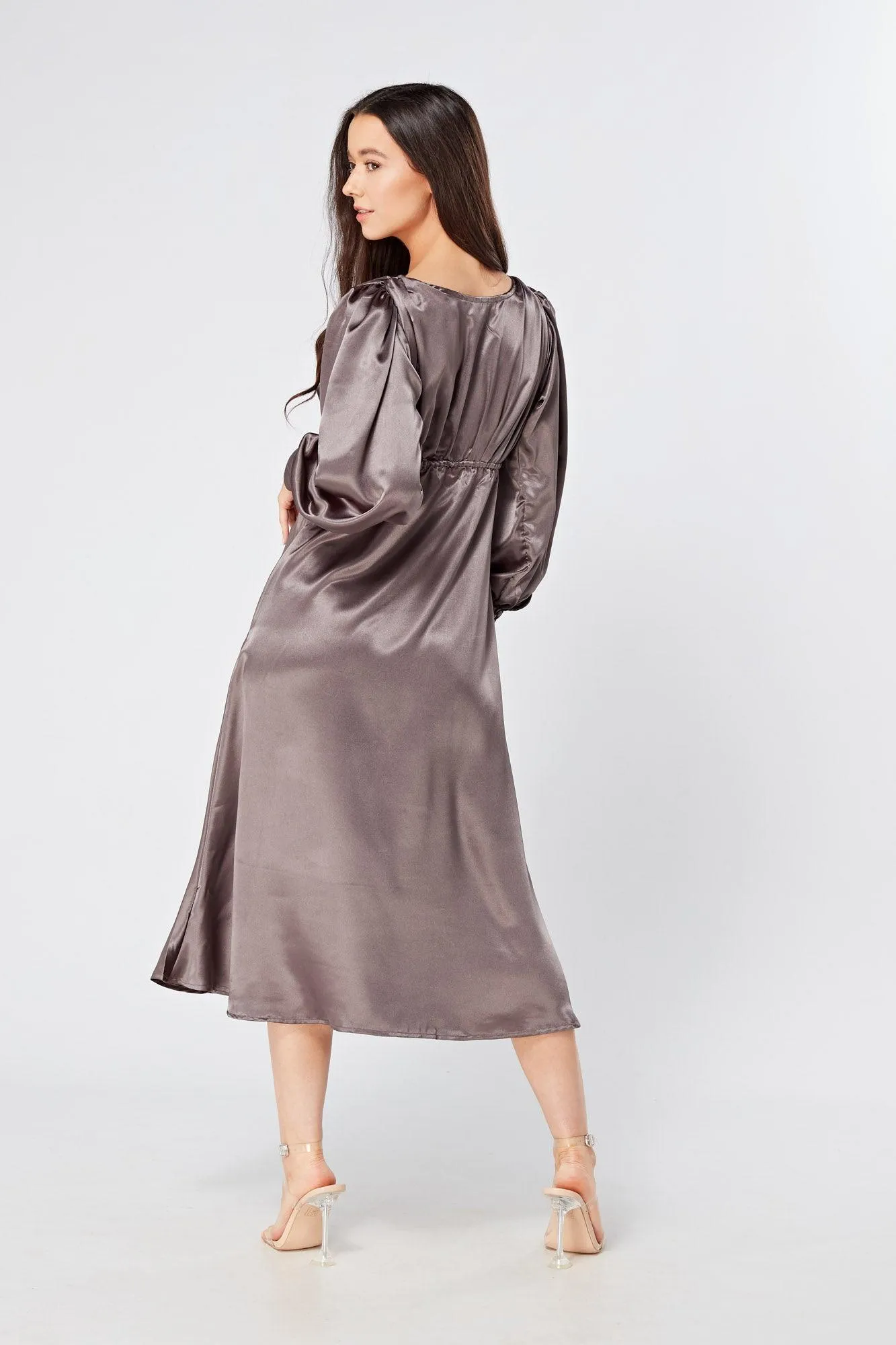 Zara Deep Grey Premium Satin Effect Midi Dress With Long Sleeves
