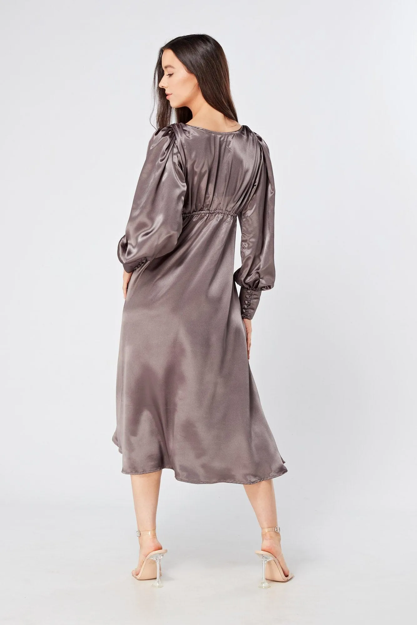 Zara Deep Grey Premium Satin Effect Midi Dress With Long Sleeves
