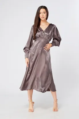Zara Deep Grey Premium Satin Effect Midi Dress With Long Sleeves