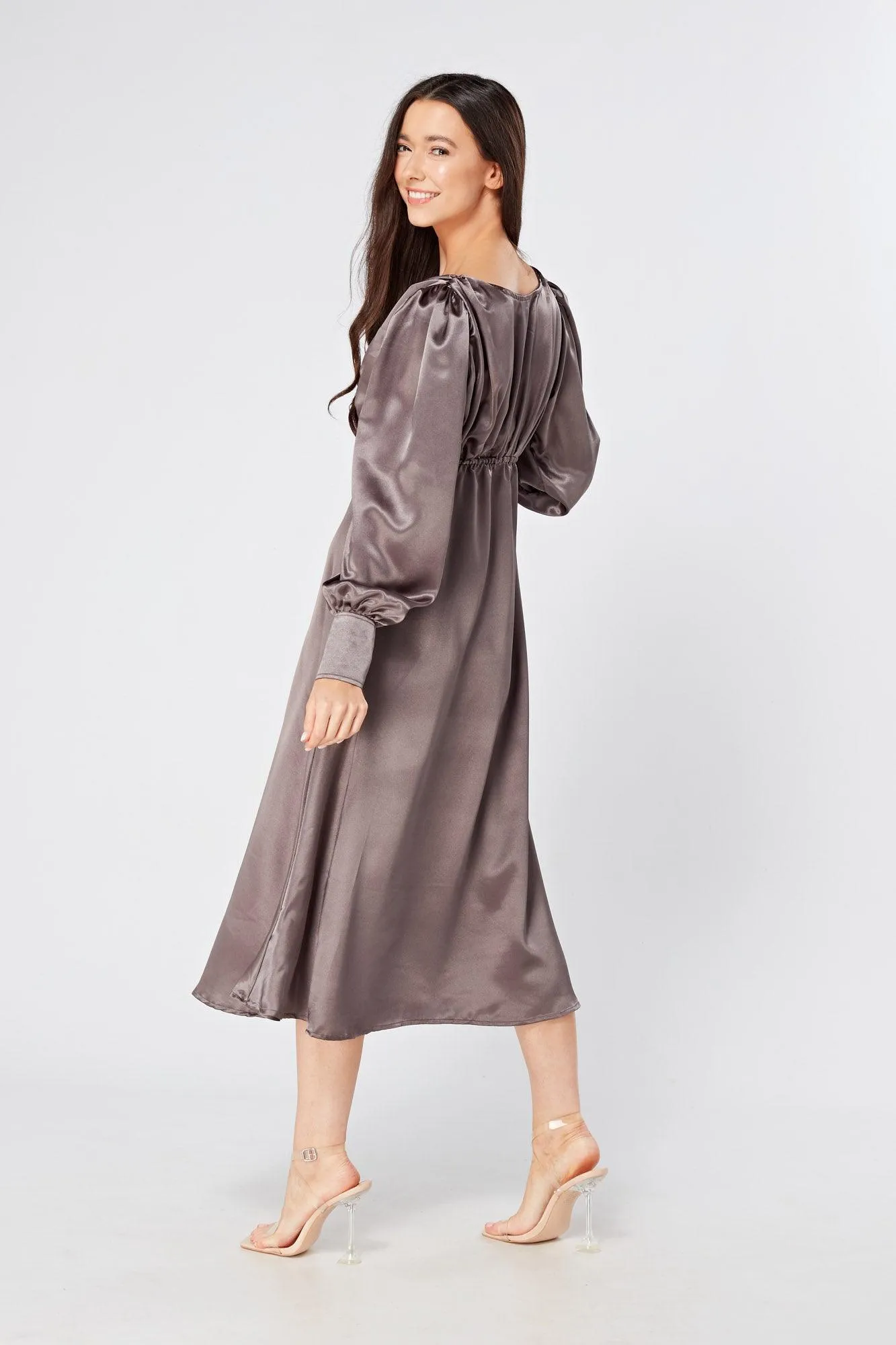Zara Deep Grey Premium Satin Effect Midi Dress With Long Sleeves