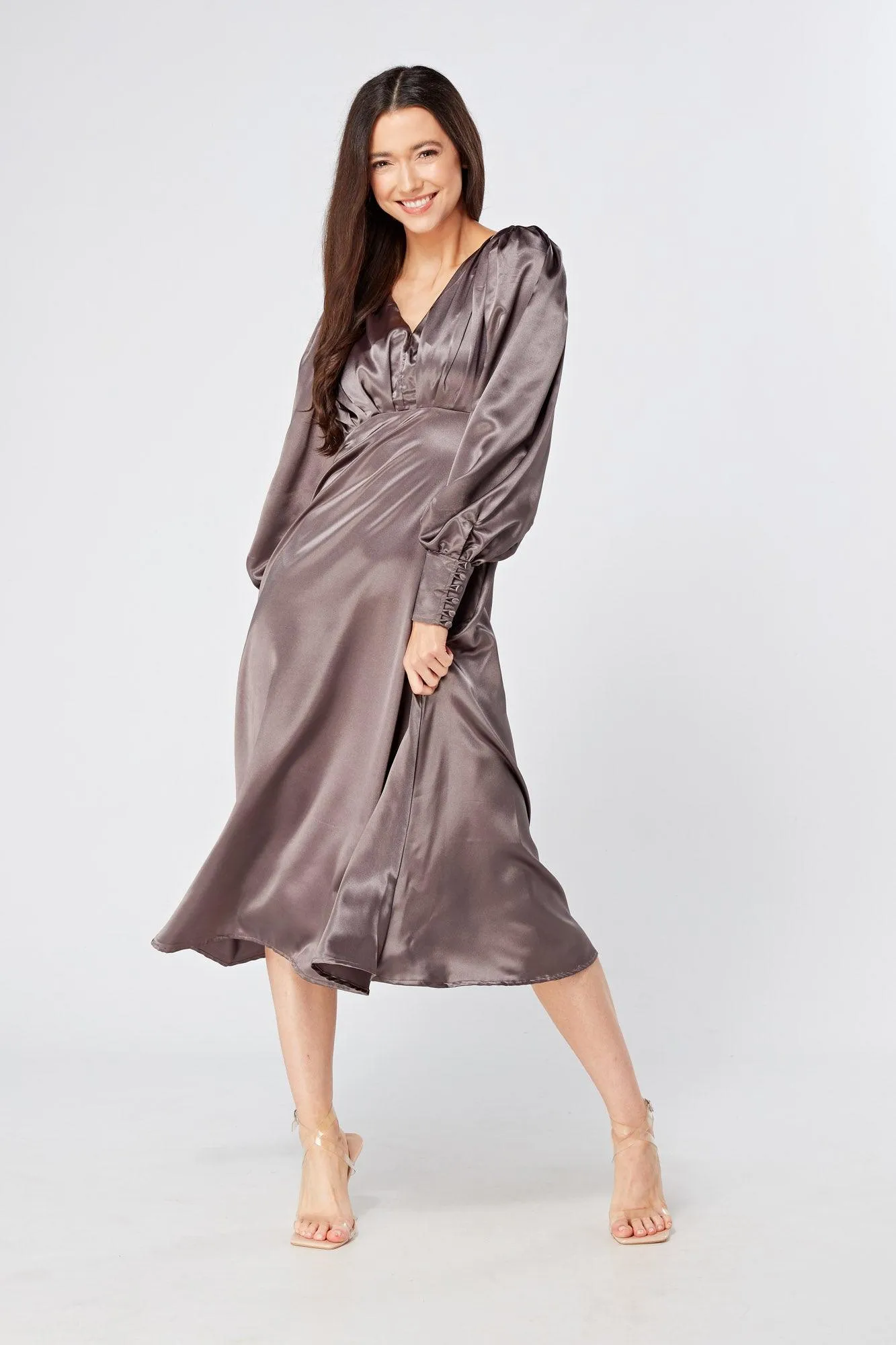 Zara Deep Grey Premium Satin Effect Midi Dress With Long Sleeves